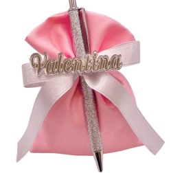 Bomboniera cresima penna argento sacco rosa nome